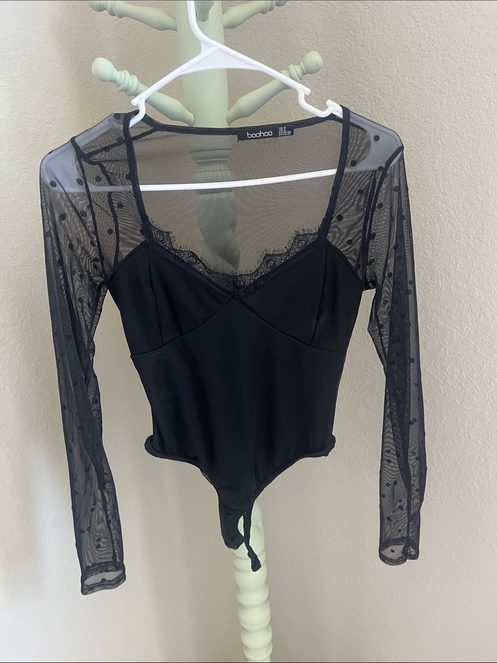 Boohoo Black Lace Trim Mesh Sleeve Bodysuit